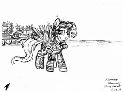 Size: 2209x1653 | Tagged: safe, artist:brekrofmadness, derpibooru import, fluttershy, pony, buzzard (mad max fury road), crossover, goggles, mad max, mad max fury road, monochrome, solo, spikes, traditional art, truck