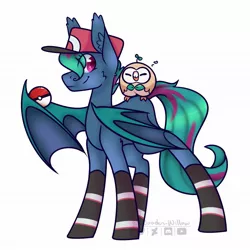 Size: 1967x1964 | Tagged: safe, artist:wooden-willow, derpibooru import, oc, oc:sour note, unofficial characters only, bat pony, rowlet, bat pony oc, bat wings, crossover, female, pokémon, wings