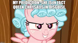 Size: 888x499 | Tagged: safe, derpibooru import, edit, edited screencap, screencap, cozy glow, pony, marks for effort, caption, cozy glow's true goal, debunked, fan theory, female, filly, foreshadowing, image macro, implied chrysalis, meme, op is wrong, prediction, solo, text