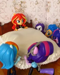 Size: 1050x1301 | Tagged: safe, artist:whatthehell!?, derpibooru import, flash sentry, rainbow dash, rarity, sci-twi, sunset shimmer, twilight sparkle, equestria girls, bed, bedroom, clothes, doll, equestria girls minis, eqventures of the minis, irl, photo, shoes, skirt, toy, ultraminis, victorian