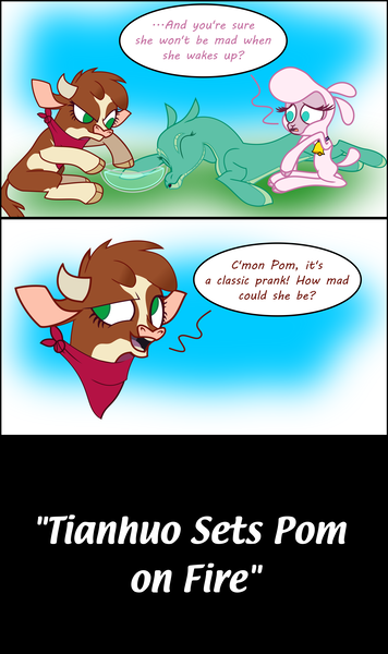Size: 3556x6000 | Tagged: arizona cow, artist:ithinkitsdivine, bandana, cloven hooves, comic, community related, cow, derpibooru import, female, it's always sunny in philadelphia, lamb, pom lamb, prank, safe, sheep, simple background, sleeping, tempting fate, them's fightin' herds, this ended in pain, this will end in fire, tianhuo, warm water prank, water