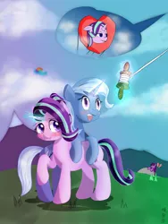 Size: 1050x1400 | Tagged: safe, artist:掩匣生, derpibooru import, rainbow dash, starlight glimmer, trixie, twilight sparkle, pony, unicorn, blushing, cute, diatrixes, duo, female, glowing horn, horn, kite, kite flying, lesbian, shipping, startrix