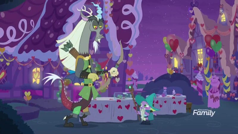 Size: 1920x1080 | Tagged: archer, arrow, bow (weapon), captain wuzz, clothes, costume, derpibooru import, discord, discovery family logo, draconequus, dragon, duo, garbuncle, hat, hearts and hooves day, looking at each other, magic staff, male, safe, screencap, spike, table, the break up breakdown, wizard, wizard hat
