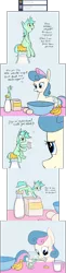Size: 1516x6260 | Tagged: safe, artist:tiny-little-lyra, derpibooru import, bon bon, lyra heartstrings, sweetie drops, earth pony, pony, unicorn, ask, banana, bowl, comic, dialogue, egg (food), female, food, lesbian, looking at each other, lyrabon, mare, measuring cup, micro, milk, milk bottle, mouth hold, pouring, recipe, shipping, sitting, size difference, smiling, tumblr
