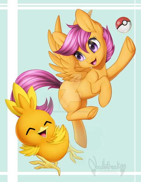 Size: 1024x1325 | Tagged: safe, artist:noodlefreak88, derpibooru import, scootaloo, pegasus, pony, torchic, blank flank, crossover, cute, cutealoo, frog (hoof), pokéball, pokémon, pokémon trainer, scootachicken, underhoof, watermark