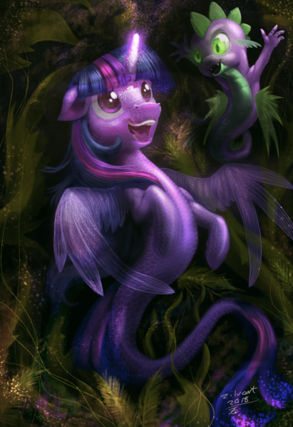 Size: 4962x7242 | Tagged: absurd resolution, alicorn, artist:zilvart, derpibooru import, glowing horn, horn, my little pony: the movie, open mouth, safe, seaponified, seapony (g4), seapony twilight, signature, species swap, spike, twilight sparkle, twilight sparkle (alicorn)