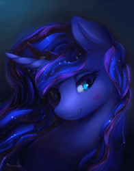 Size: 600x767 | Tagged: safe, artist:theshadowscale, artist:viwrastupr, derpibooru import, princess luna, alicorn, pony, animated, bust, cute, ear twitch, ethereal mane, female, limited palette, looking at you, lunabetes, mare, portrait, smiling, solo, starry mane