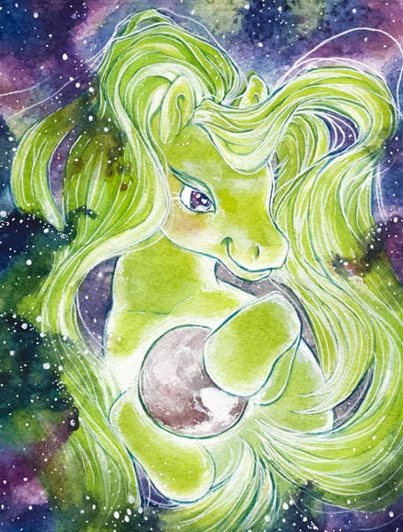 Size: 500x659 | Tagged: artist:annapommes, bootleg, derpibooru import, female, glow, goddess, green, mare, planet, pluto (planet), pony bigger than a planet, safe, space, stars, tangible heavenly object