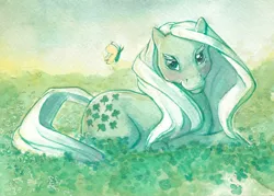 Size: 1024x732 | Tagged: safe, artist:annapommes, derpibooru import, minty (g1), butterfly, earth pony, pony, female, g1, looking at you, mare, prone, solo, traditional art, watercolor painting