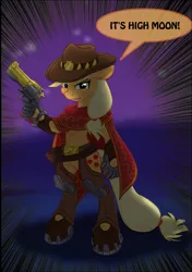 Size: 890x1263 | Tagged: safe, artist:ponymaan, derpibooru import, applejack, cyborg, comic:lyra-lyra's bizarre adventure, equestria girls, belt, boots, cowboy boots, cowboy hat, crossover, gun, hat, jesse mccree, la muertejack, mccreejack, overwatch, shoes, stand, weapon