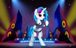 Size: 2821x1793 | Tagged: safe, artist:alexcooler, derpibooru import, vinyl scratch, pony, unicorn, background pony, bipedal, guitar, music, musical instrument, rock, rock (music), rock and roll, solo, speakers, standing, wrong eye color