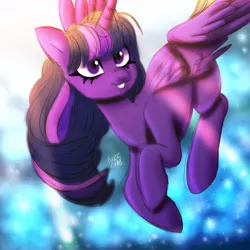 Size: 1000x1000 | Tagged: safe, artist:fazzfuck, derpibooru import, twilight sparkle, twilight sparkle (alicorn), alicorn, pony, female, flying, mare, smiling, solo