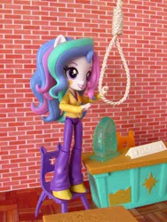 Size: 1140x1520 | Tagged: semi-grimdark, artist:whatthehell!?, derpibooru import, princess celestia, equestria girls, chair, classroom, clothes, desk, doll, equestria girls minis, fixed, gem, imminent death, imminent suicide, implied hanging, implied suicide, irl, noose, photo, principal celestia, rope, shoes, toy