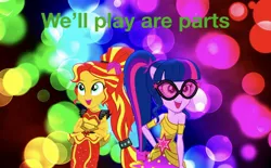 Size: 2048x1273 | Tagged: safe, artist:superbobiann, derpibooru import, editor:superbobiann, sci-twi, sunset shimmer, twilight sparkle, equestria girls, grammar error, you'll play your part