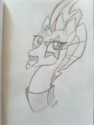 Size: 3024x4032 | Tagged: safe, artist:dyonys, derpibooru import, tempest shadow, pony, broken horn, bust, female, horn, kiss (band), mare, paul stanley, piercing, solo, tongue out, tongue piercing, traditional art