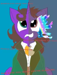 Size: 1536x2048 | Tagged: safe, artist:sixes&sevens, derpibooru import, ponified, pony, unicorn, ascot, doctor who, eighth doctor, mind control, split screen, two sided posters, zagreus