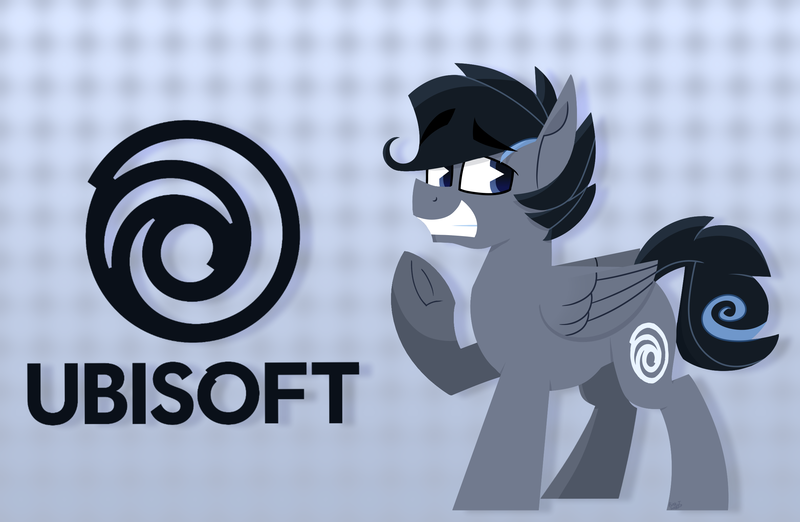 Size: 2500x1632 | Tagged: safe, artist:binkyt11, derpibooru import, ponified, pegasus, pony, cutie mark, dreamworks face, frog (hoof), grin, hooves, logo, male, my little pony: gaming is magic, pacman eyes, smiling, solo, stallion, text, ubisoft, underhoof, wings