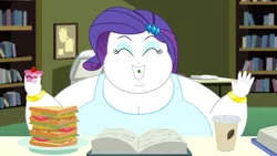 Size: 3840x2160 | Tagged: suggestive, artist:neongothic, derpibooru import, edit, edited screencap, screencap, rarity, epic fails (equestria girls), eqg summertime shorts, equestria girls, 4k, bbw, big breasts, bracelet, breasts, double chin, eyes closed, fat, fat boobs, fetish, food, grin, huge breasts, jewelry, lettuce, morbidly obese, obese, raritubby, smiling, ssbbw, story included, teeth, waving