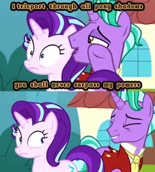 Size: 1800x2000 | Tagged: safe, derpibooru import, edit, edited screencap, screencap, firelight, starlight glimmer, pony, the parent map, 2spooky, caption, darkness, duo, firelight's confession, image macro, magic, meme, shadow, text, this explains everything