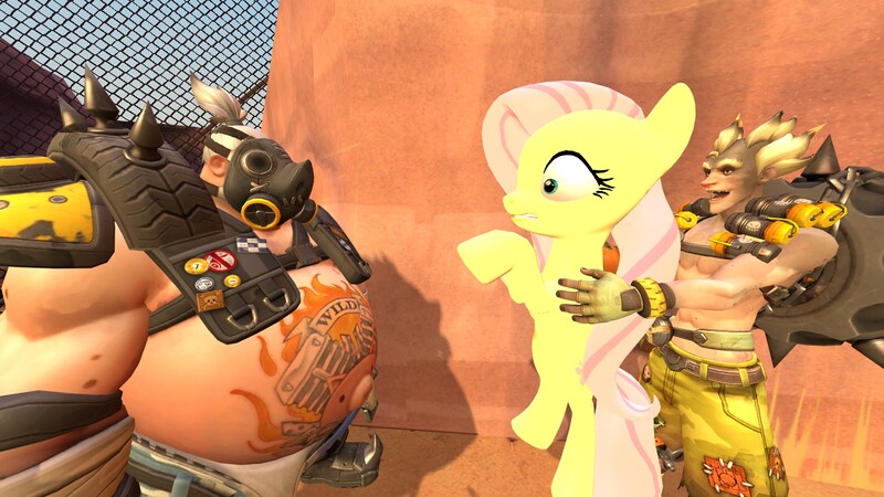 Size: 1366x768 | Tagged: 3d, artist:daemonbombinc, crossover, derpibooru import, fluttershy, gmod, junkrat, overwatch, roadhog (overwatch), safe