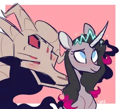 Size: 1210x1081 | Tagged: safe, alternate version, artist:waackery, deleted from derpibooru, derpibooru import, fhtng th§ ¿nsp§kbl, oleander (tfh), classical unicorn, demon, unicorn, them's fightin' herds, blushing, bust, cloven hooves, community related, cute, eyes closed, female, fred, fredeander, jewelry, leonine tail, male, shipping, signature, straight, tiara, unicornomicon, unshorn fetlocks