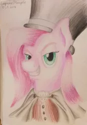 Size: 900x1285 | Tagged: safe, artist:turquoisethought, derpibooru import, pinkie pie, pony, clothes, hat, jekyll & hyde, pinkamena diane pie, solo, top hat, traditional art