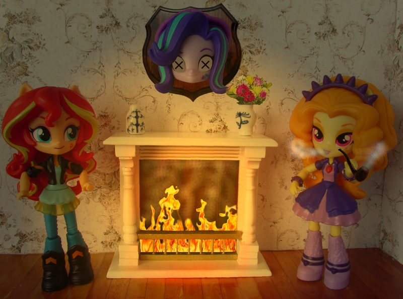 Size: 1484x1100 | Tagged: safe, artist:whatthehell!?, derpibooru import, adagio dazzle, starlight glimmer, sunset shimmer, equestria girls, abuse, chimney, clothes, dead, decapitated, doll, equestria girls minis, fire, fireplace, flower, flower vase, glimmerbuse, grimderp, irl, jewelry, mounted head, photo, pipe, severed head, skirt, smoking, toy, trophy, victorian, x eyes