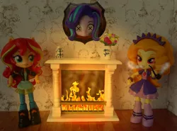 Size: 1484x1100 | Tagged: safe, artist:whatthehell!?, derpibooru import, adagio dazzle, starlight glimmer, sunset shimmer, equestria girls, abuse, chimney, clothes, dead, decapitated, doll, equestria girls minis, fire, fireplace, flower, flower vase, glimmerbuse, grimderp, irl, jewelry, mounted head, photo, pipe, severed head, skirt, smoking, toy, trophy, victorian, x eyes
