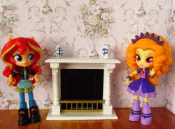 Size: 1286x954 | Tagged: safe, artist:whatthehell!?, derpibooru import, adagio dazzle, sunset shimmer, equestria girls, chimney, clothes, doll, equestria girls minis, fireplace, flower vase, irl, jewelry, photo, skirt, toy, victorian