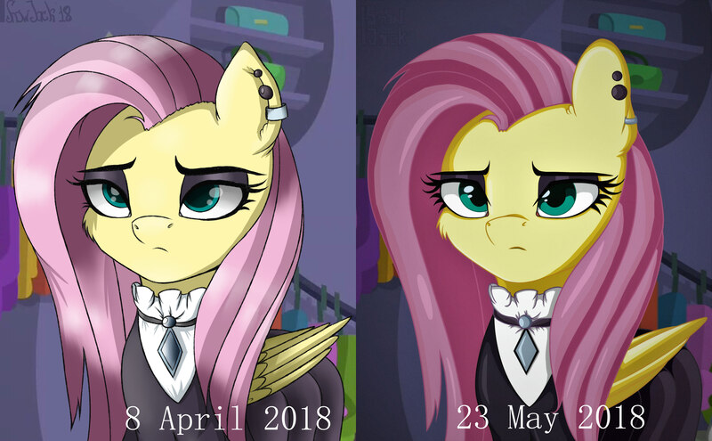 Size: 4106x2540 | Tagged: artist:shadowreindeer, cheek fluff, comparison, derpibooru import, ear fluff, fake it 'til you make it, fluttergoth, fluttershy, progress, safe, solo