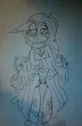 Size: 612x935 | Tagged: art, artist:fuchsia flame, blushing, clothes, derpibooru import, fake it 'til you make it, fluttergoth, fluttershy, jewelry, makeup, necklace, panties, piercing, safe, season 8, socks, spoiler:s08, traditional art, underwear, waifu