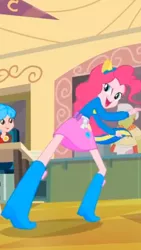 Size: 1242x2208 | Tagged: safe, derpibooru import, screencap, granny smith, pinkie pie, equestria girls, equestria girls (movie), background human, balloon, boots, clothes, cropped, helping twilight win the crown, looking at you, open mouth, pony ears, ponytail, raised eyebrow, shoes, skirt, sweater, wondercolts uniform