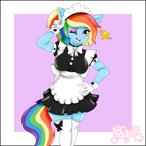 Size: 5000x5000 | Tagged: absurd resolution, alternate version, anthro, artist:pastel-pony-princess, bow, clothes, cuffs (clothes), derpibooru import, eyeshadow, female, french maid, maid, makeup, one eye closed, open mouth, pegasus, rainbow dash, safe, smiling, solo, wink