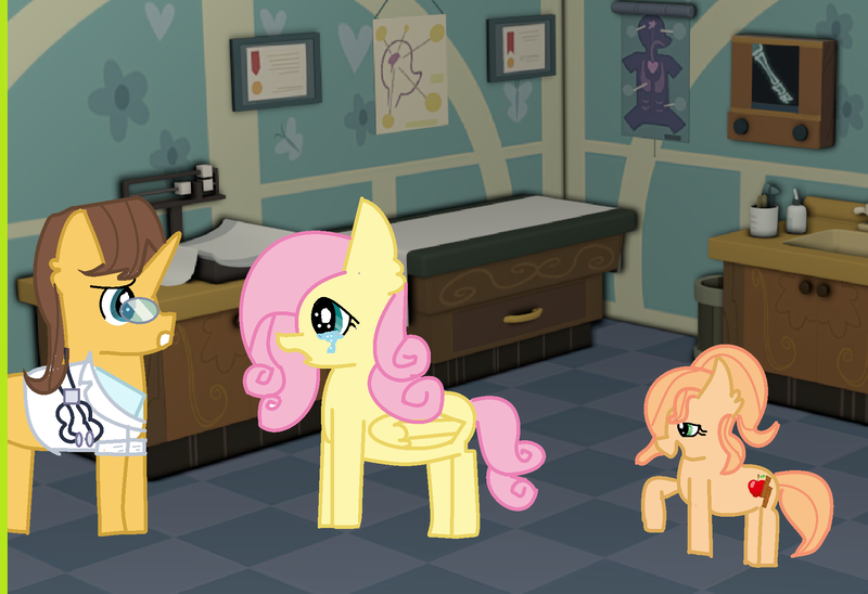 Size: 1852x1268 | Tagged: safe, artist:star-melodyyt, derpibooru import, doctor horse, doctor stable, fluttershy, oc, oc:apple cinnamon, earth pony, pony, anatomy chart, chart, crying, doctor's office, female, filly, mother and child, mother and daughter, offspring, parent:big macintosh, parent:fluttershy, parents:fluttermac, sad, style clash