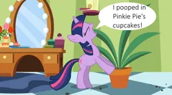 Size: 854x475 | Tagged: derpibooru import, edit, edited screencap, exploitable meme, forced meme, green isn't your color, meme, poop, potted plant, safe, screencap, secret pot meme, solo, speech bubble, text, twilight sparkle