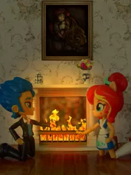 Size: 1050x1400 | Tagged: safe, artist:ponut_joe, artist:whatthehell!?, derpibooru import, adagio dazzle, flash sentry, sunset shimmer, equestria girls, chimney, clothes, doll, equestria girls minis, eqventures of the minis, female, fire, fireplace, flashimmer, flower, flower vase, hug, irl, male, paint, photo, picture, room, shipping, skirt, straight, sunset sushi, toy, tuxedo, victorian