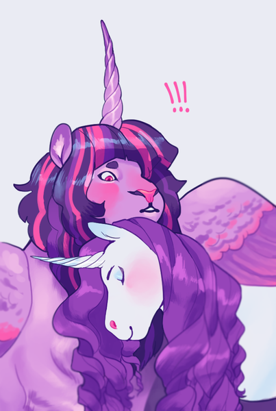 Size: 643x958 | Tagged: safe, artist:rumpledsweater, derpibooru import, rarity, twilight sparkle, twilight sparkle (alicorn), alicorn, sphinx, unicorn, arranged marriage au, !!!, alternate universe, curved horn, cute, eyes closed, female, horn, lesbian, mare, raribetes, rarilight, shipping, twiabetes