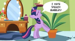 Size: 854x475 | Tagged: safe, derpibooru import, edit, edited screencap, screencap, twilight sparkle, pony, green isn't your color, exploitable meme, forced meme, meme, potted plant, secret pot meme, solo, speech bubble, twilight's confessions