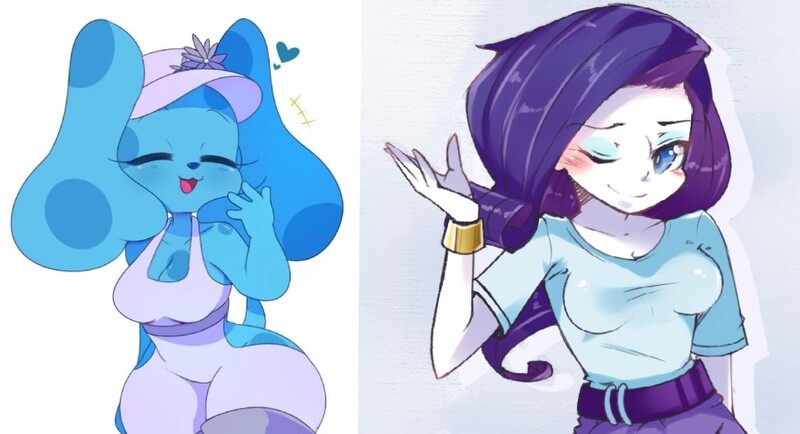 Size: 1048x568 | Tagged: artist needed, safe, derpibooru import, rarity, anthro, dog, equestria girls, blue, blue's clues, blushing, breasts, context needed, crossover, duo, eyes closed, female, furry, giggling, hat, one eye closed, smiling, waving, wink