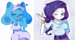 Size: 1048x568 | Tagged: artist needed, safe, derpibooru import, rarity, anthro, dog, equestria girls, blue, blue's clues, blushing, breasts, context needed, crossover, duo, eyes closed, female, furry, giggling, hat, one eye closed, smiling, waving, wink