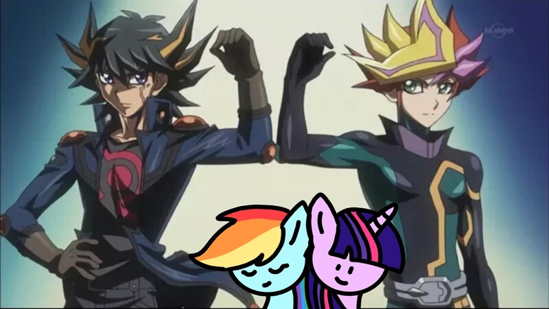 Size: 1280x720 | Tagged: safe, derpibooru import, rainbow dash, twilight sparkle, female, lesbian, picsart, playmaker, shipping, twidash, yu-gi-oh!, yu-gi-oh! 5d's, yu-gi-oh! duel hour, yu-gi-oh! vrains, yusaku fujiki, yusei fudo