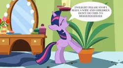 Size: 854x475 | Tagged: safe, derpibooru import, edit, edited screencap, screencap, twilight sparkle, pony, green isn't your color, cargo ship, exploitable meme, forced meme, meme, potted plant, secret pot meme, shipping, solo, speech bubble