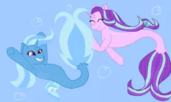 Size: 5000x3000 | Tagged: safe, artist:kiwiscribbles, derpibooru import, starlight glimmer, trixie, seapony (g4), blue background, duo, female, lesbian, mare, seaponified, seapony starlight glimmer, seapony trixie, shipping, simple background, species swap, startrix