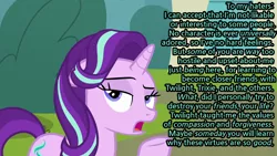 Size: 1280x720 | Tagged: bush, caption, derpibooru import, drama, edit, edited screencap, image macro, looking away, meme, mouthpiece, raised hoof, safe, screencap, sire's hollow, solo, starlight drama, starlight drama drama, starlight glimmer, text, the parent map, unamused