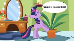 Size: 854x475 | Tagged: derpibooru import, edit, edited screencap, exploitable meme, forced meme, gelding, green isn't your color, meme, potted plant, safe, screencap, secret pot meme, solo, speech bubble, twilight's confessions, twilight sparkle