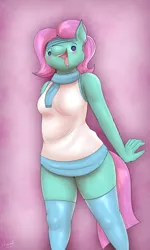 Size: 3590x5984 | Tagged: safe, artist:brownieclop, deleted from derpibooru, derpibooru import, oc, oc:💚, anthro, blushing, clothes, scarf, socks, tongue out