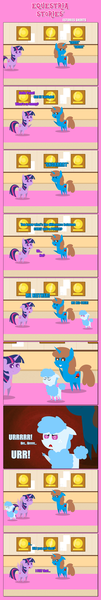 Size: 1205x7169 | Tagged: safe, artist:estories, derpibooru import, twilight sparkle, twilight sparkle (alicorn), oc, oc:curly mane, oc:paint tastic, alicorn, pony, unicorn, ><, comic, eyes closed, female, mare, pointy ponies