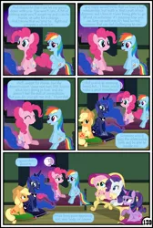 Size: 3254x4837 | Tagged: safe, artist:gutovi, derpibooru import, applejack, fluttershy, pinkie pie, princess luna, rainbow dash, rarity, twilight sparkle, twilight sparkle (alicorn), alicorn, earth pony, pegasus, pony, unicorn, comic:why me!?, appledash, bed, broken window, comic, couch, cushion, female, lesbian, mane six, mare in the moon, moon, shipping, window