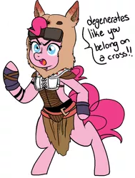 Size: 874x1157 | Tagged: safe, artist:/d/non, derpibooru import, pinkie pie, earth pony, pony, /mlp/, angry, bipedal, caesar's legion, clothes, cosplay, costume, dialogue, drawthread, fallout, fallout: new vegas, female, mare, request, simple background, solo, standing, threat, white background