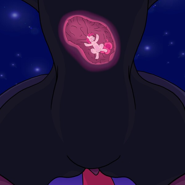 Size: 1280x1280 | Tagged: artist:bur', artist:plofficer, belly, derpibooru import, fetish, internal, macro, micro, night, pinkie pie, questionable, smiling, stars, stomach, tempest shadow, tempred, vore, willing vore, worm's eye view, x-ray